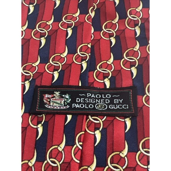 PAOLO GUCCI MEN'S TIE RED/NAVY/HORSEBIT PATTERN, 100% SILK, EXCELLENT CONDITION - Picture 4 of 5